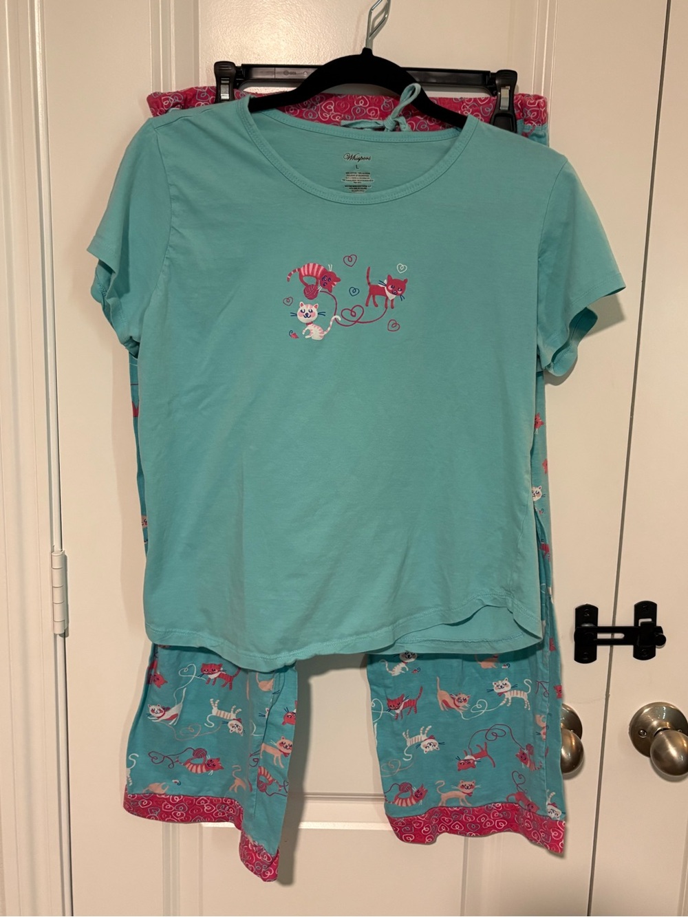 Whispers Teal Pink Cat Print Capri Pajama Set Size Large